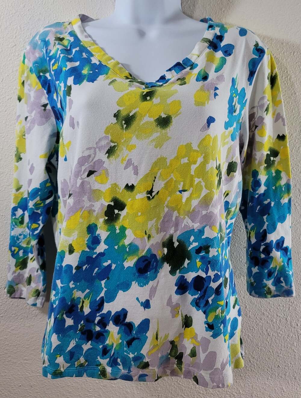 Erin London White Blue Yellow Abstract Print V Neck Top Large Lightweight Soft